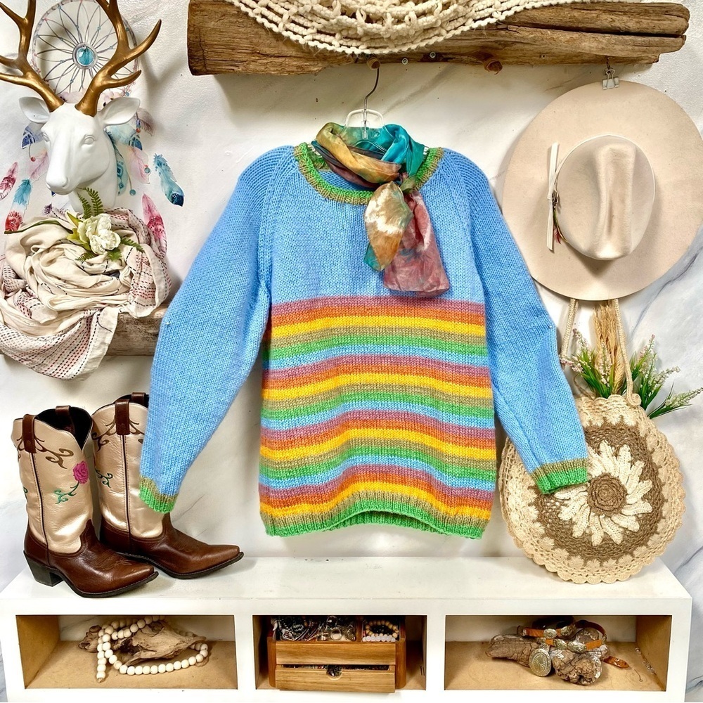 Artisan boho rainbow 🌈 sweater w prairie country cottage granny vibe